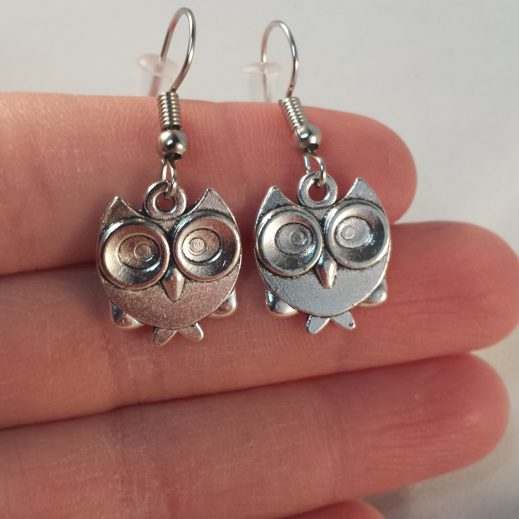 Silver Owl Carved Dangle Earrings Hypoallergenic Party Gift
